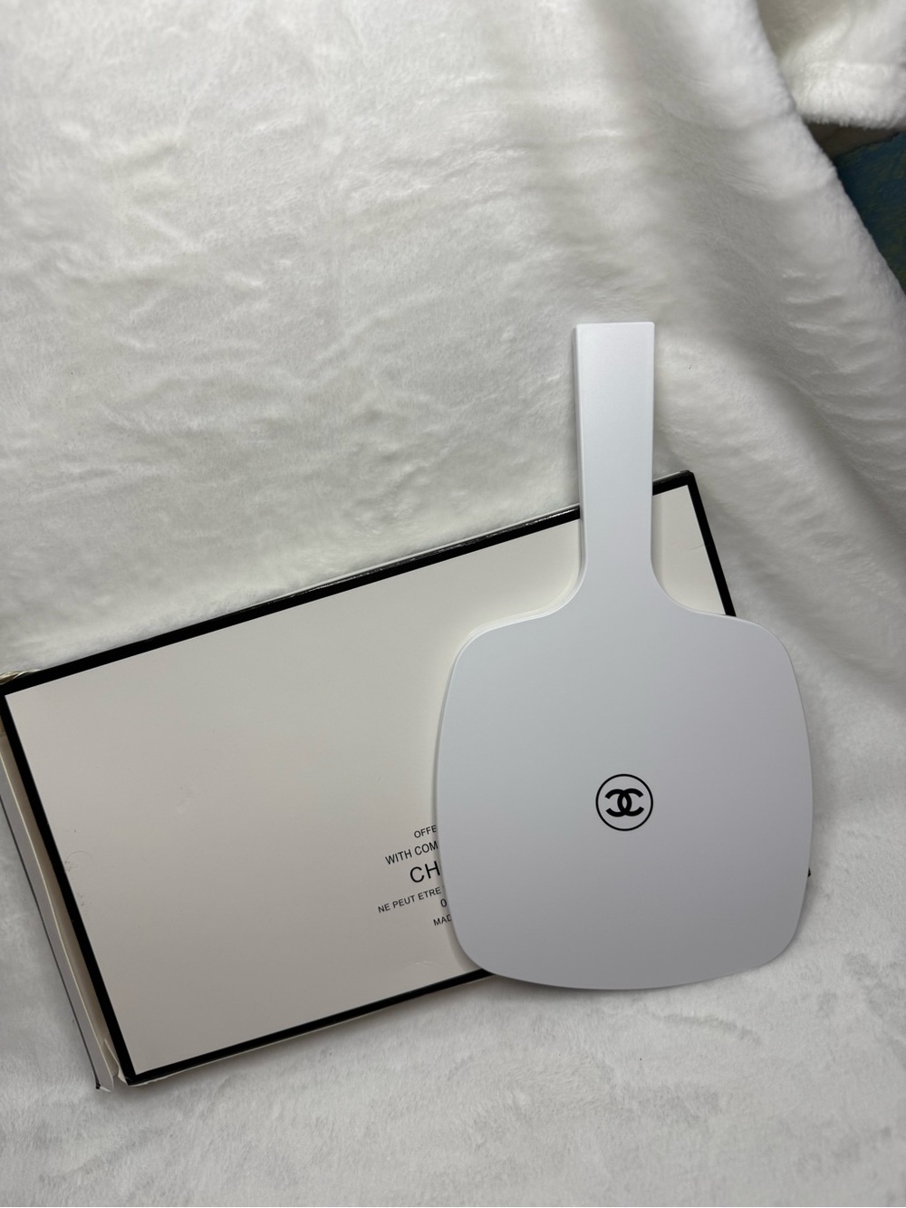 CHANEL White Handheld Mirror with Black CC Emblem